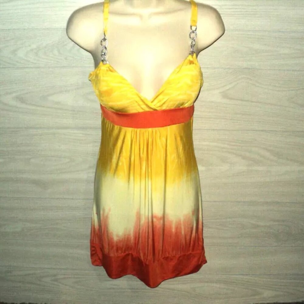 BB Jeans Tunic Top Women's Size L Yellow Orange Tie-Dye Spaghetti Chain Straps
